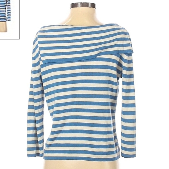 Requirements Blue White Stripe Button Cowl Neck Top 3/4 Sleeve Women's Small S - Picture 2 of 6